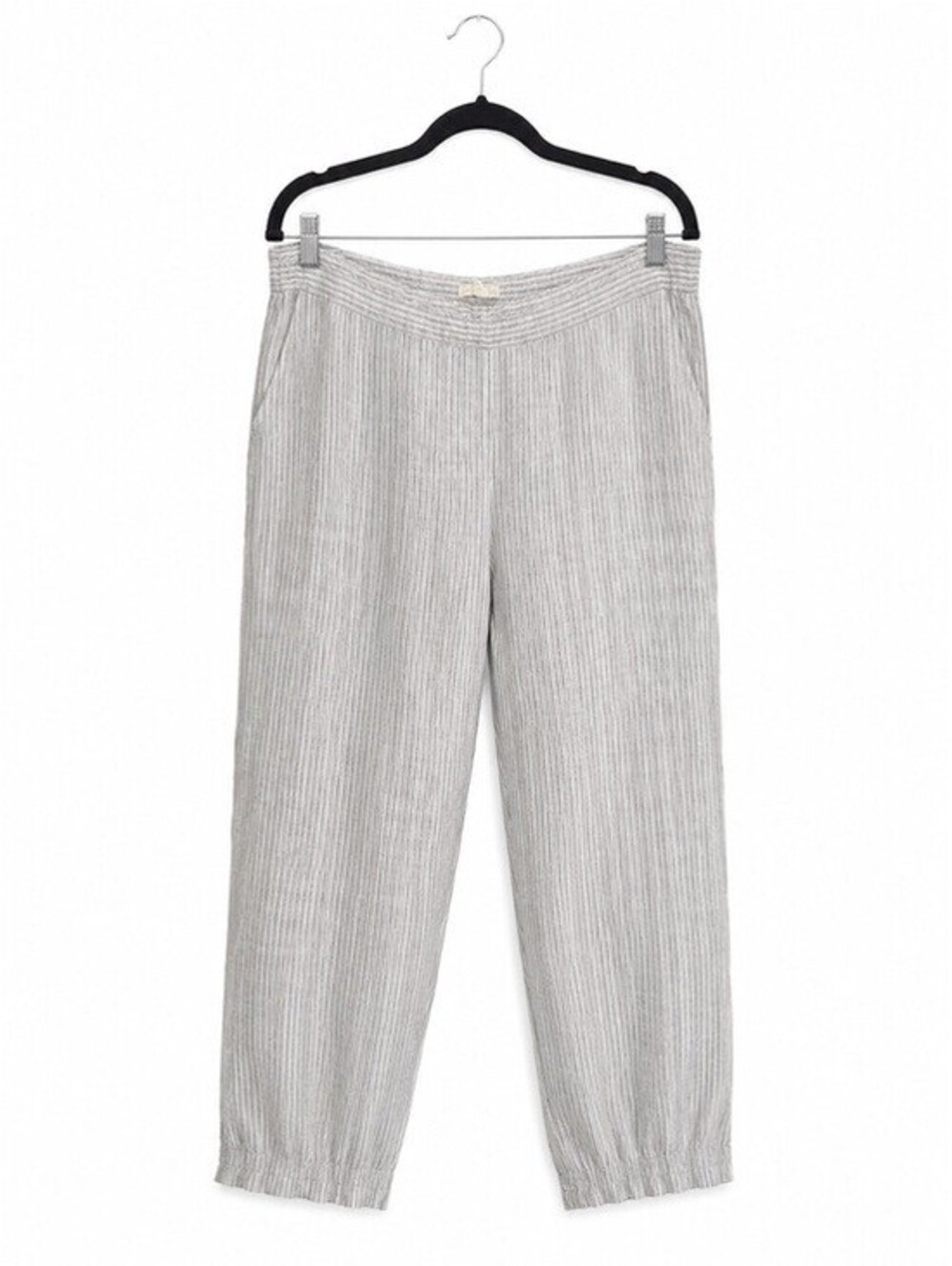 Eileen Fisher 100& Linen Pull-On Ankle Pants Gray Pinstripe Elastic Waist Large
